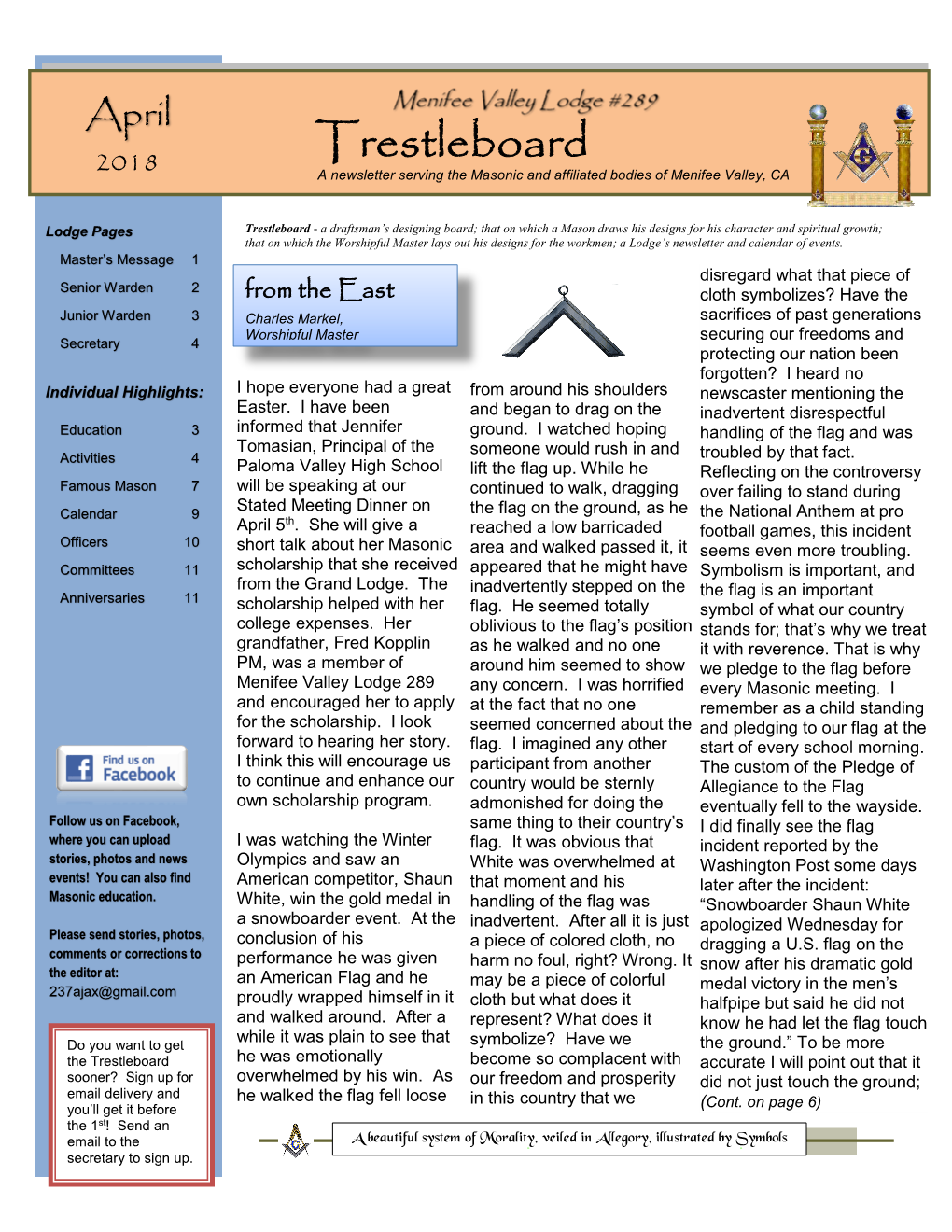 Trestleboard 2018 a Newsletter Serving the Masonic and Affiliated Bodies of Menifee Valley, CA