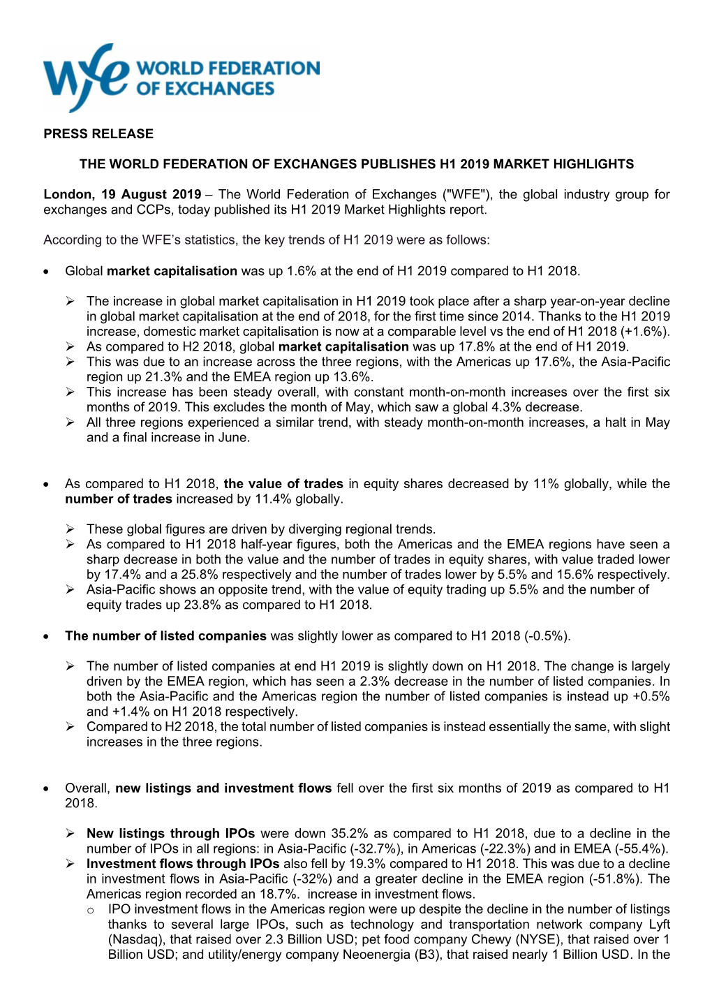 Press Release the World Federation of Exchanges