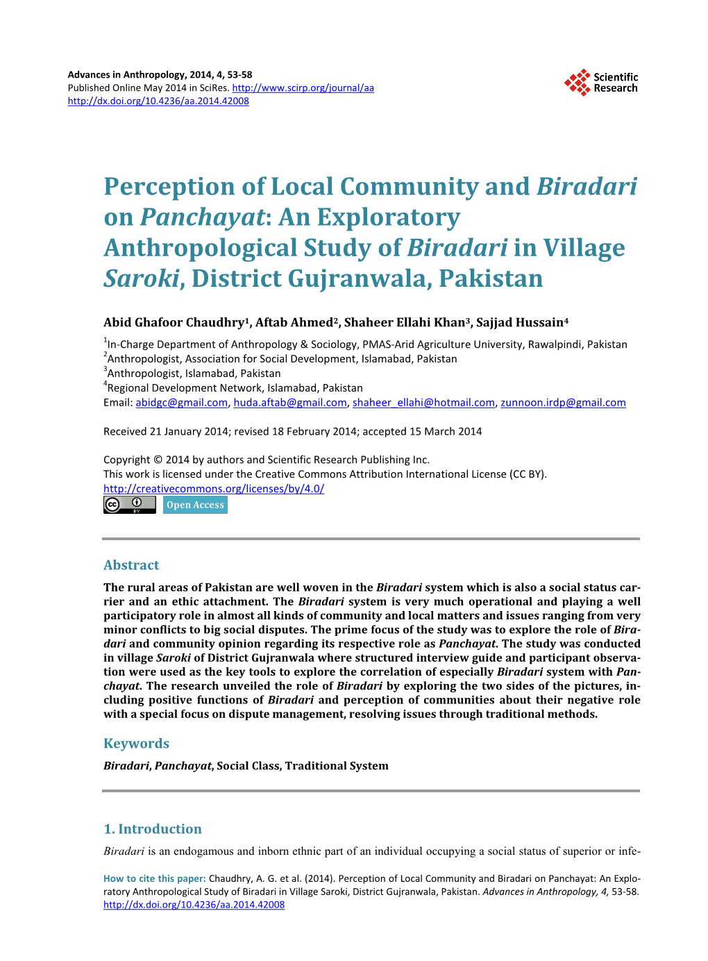 Perception of Local Community and Biradari on Panchayat: an Exploratory Anthropological Study of Biradari in Village Saroki, District Gujranwala, Pakistan