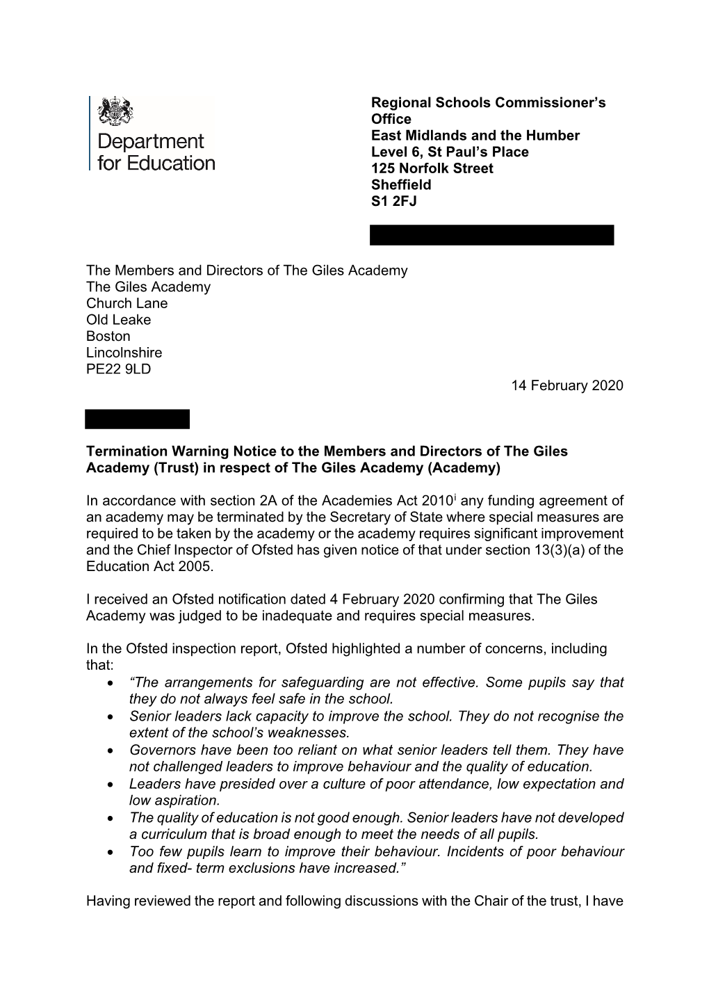 Termination Warning Notice to the Giles Academy