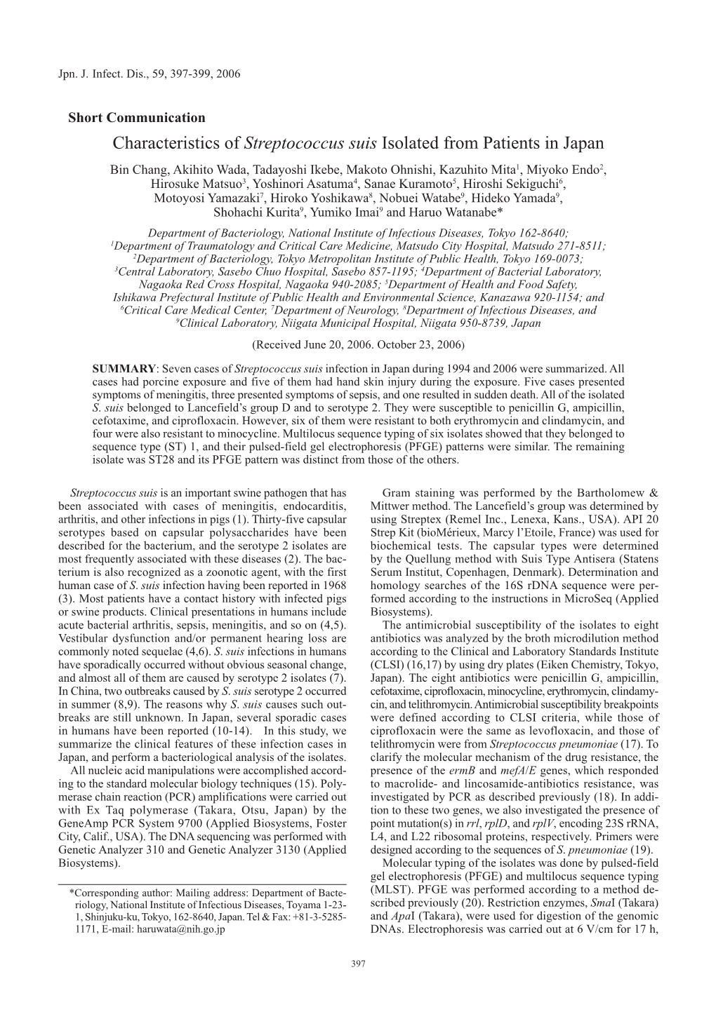 Characteristics of Streptococcus Suis Isolated from Patients in Japan