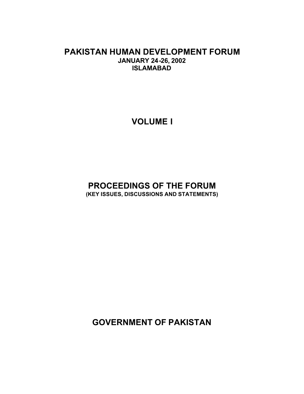 Pakistan Human Development Forum January 24-26, 2002 Islamabad