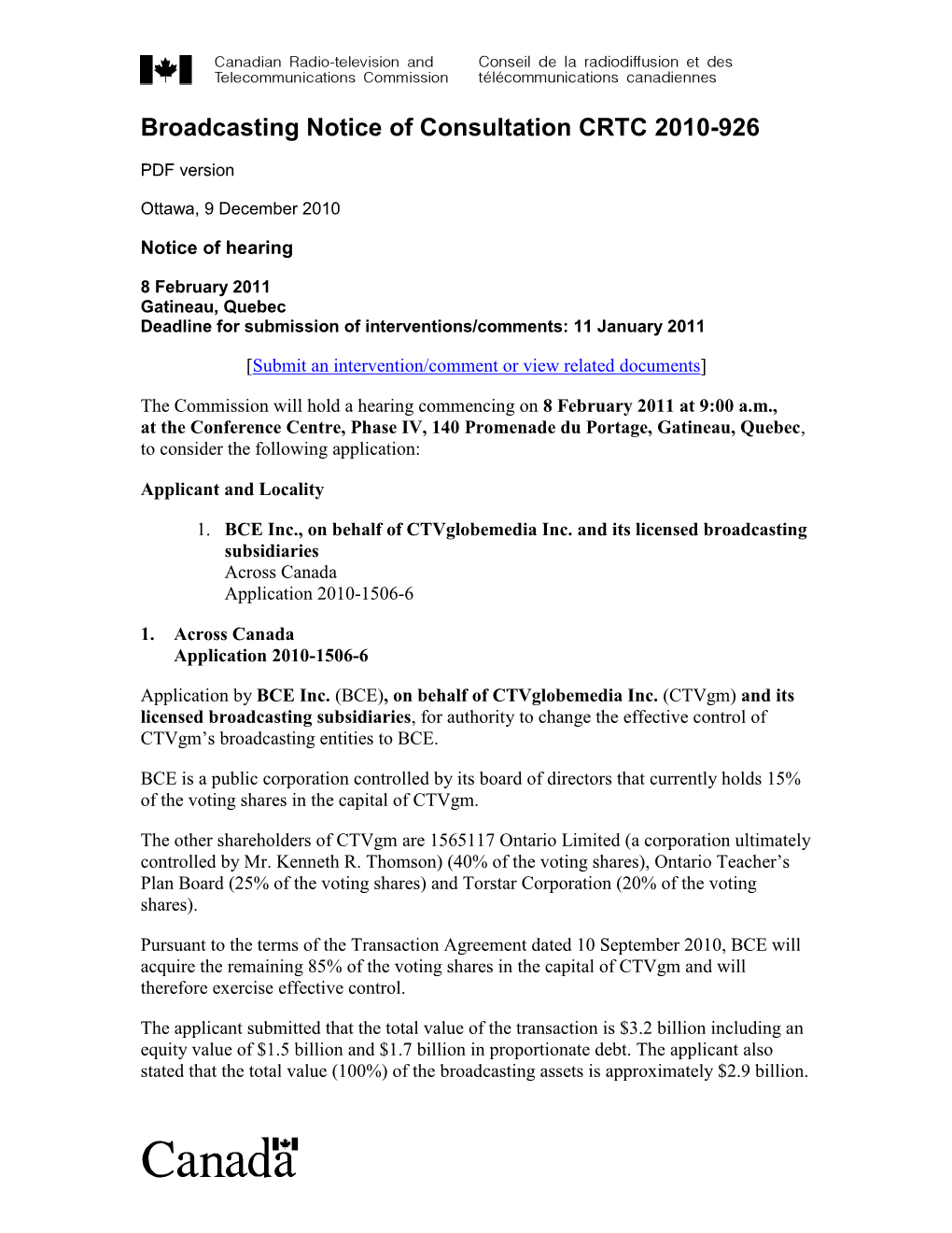 Broadcasting Notice of Consultation CRTC 2010-926