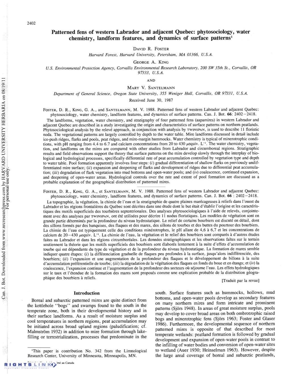 Patterned Fens of Western Labrador and Adjacent Quebec: Phytosociology, Water Chemistry, Landform Features, and Dynamics of Surface Patterns1