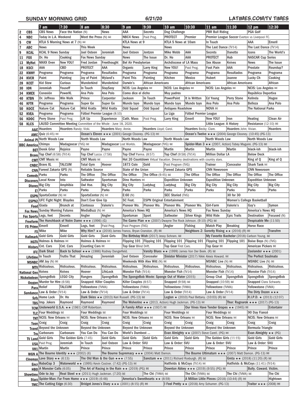 Sunday Morning Grid 6/21/20 Latimes.Com/Tv Times