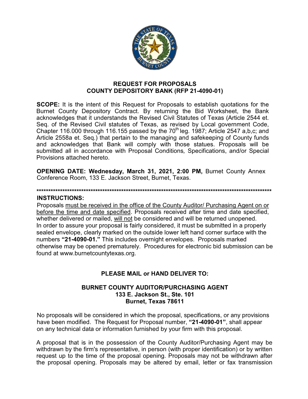 Request for Proposals County Depository Bank (Rfp 21-4090-01)