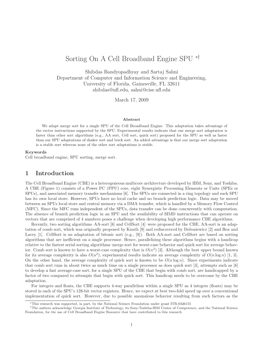 Sorting on a Cell Broadband Engine SPU ∗†