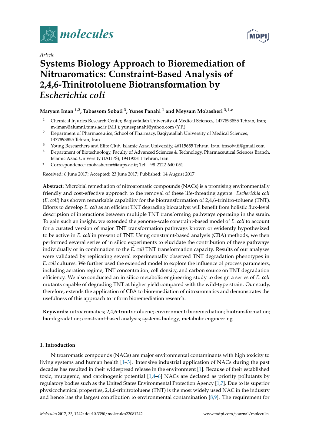 Systems Biology Approach to Bioremediation of Nitroaromatics: Constraint-Based Analysis of 2,4,6-Trinitrotoluene Biotransformation by Escherichia Coli