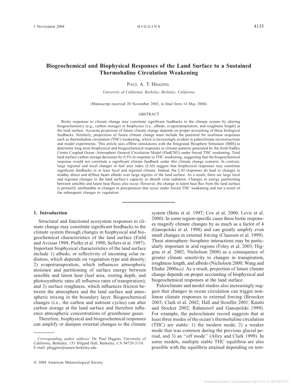 Biogeochemical and Biophysical Responses of the Land Surface to a Sustained Thermohaline Circulation Weakening