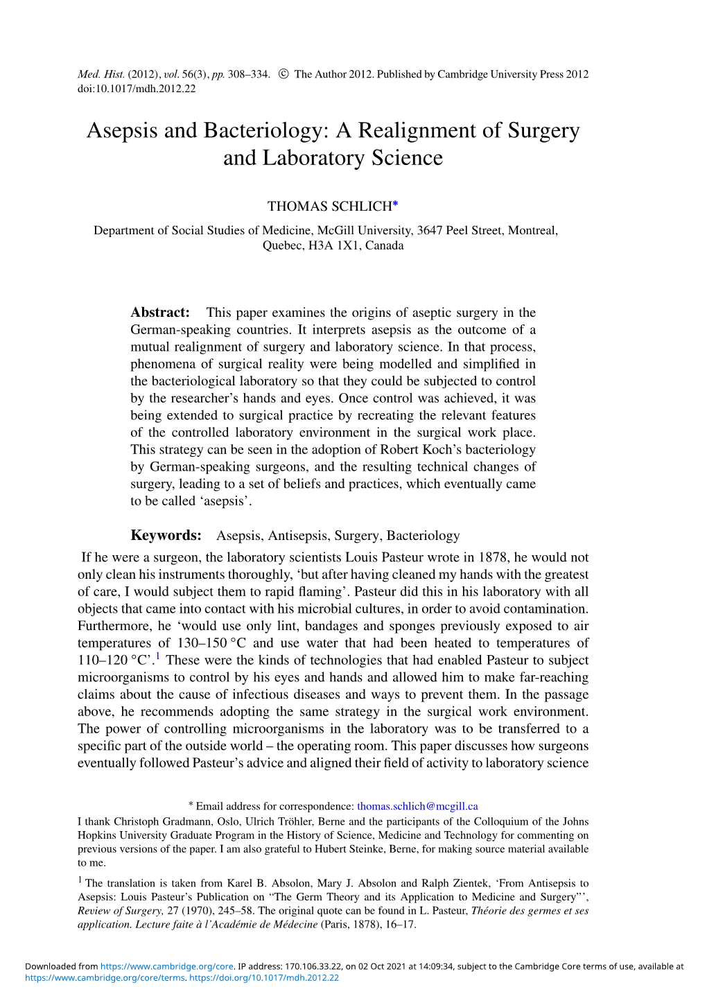 Asepsis and Bacteriology: a Realignment of Surgery and Laboratory Science