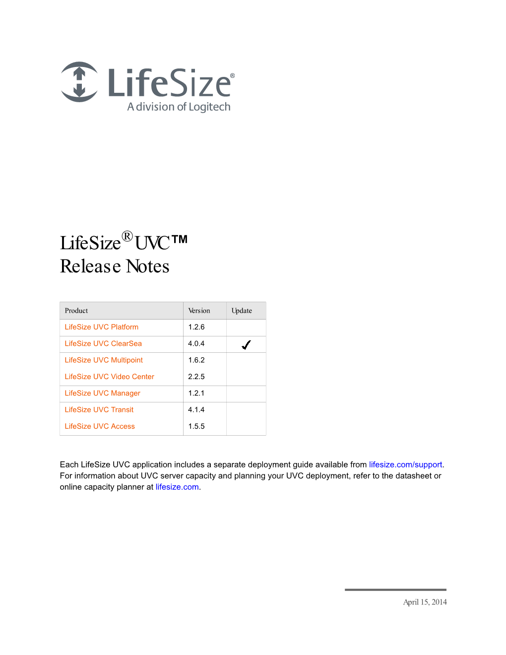 Lifesize UVC™ Release Notes