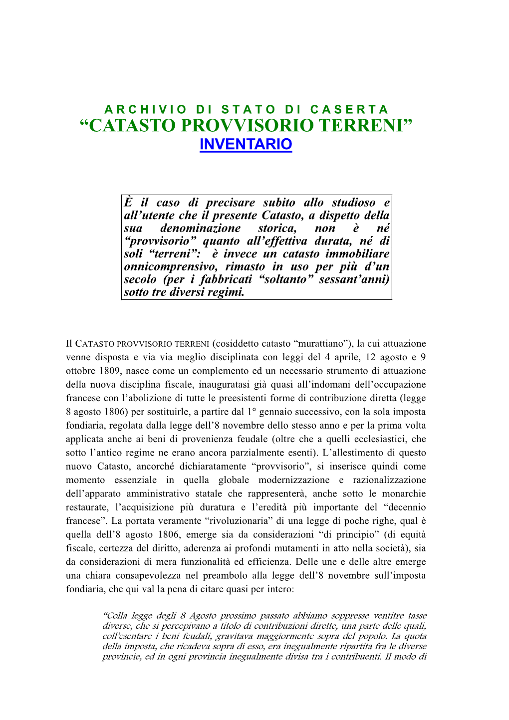 “Catasto Provvisorio Terreni” Inventario