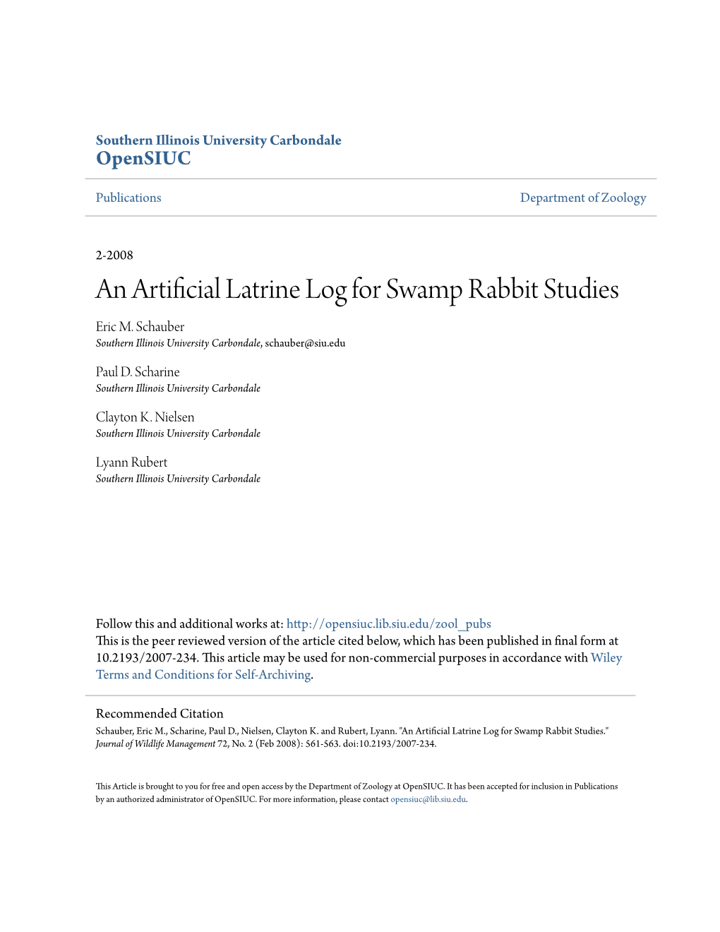 An Artificial Latrine Log for Swamp Rabbit Studies Eric M