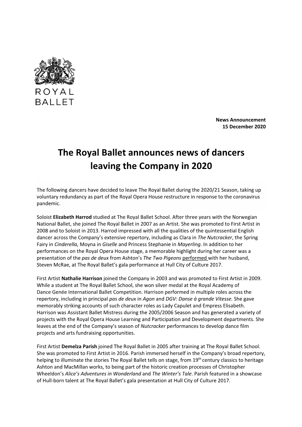 The Royal Ballet Announces News of Dancers Leaving the Company in 2020