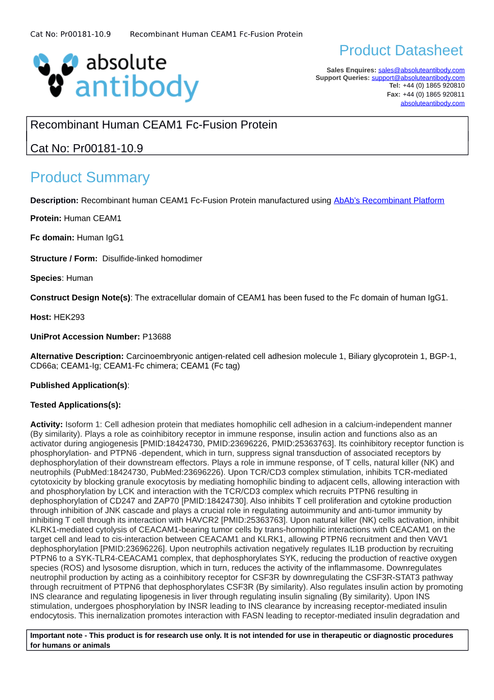 Product Datasheet Product Summary