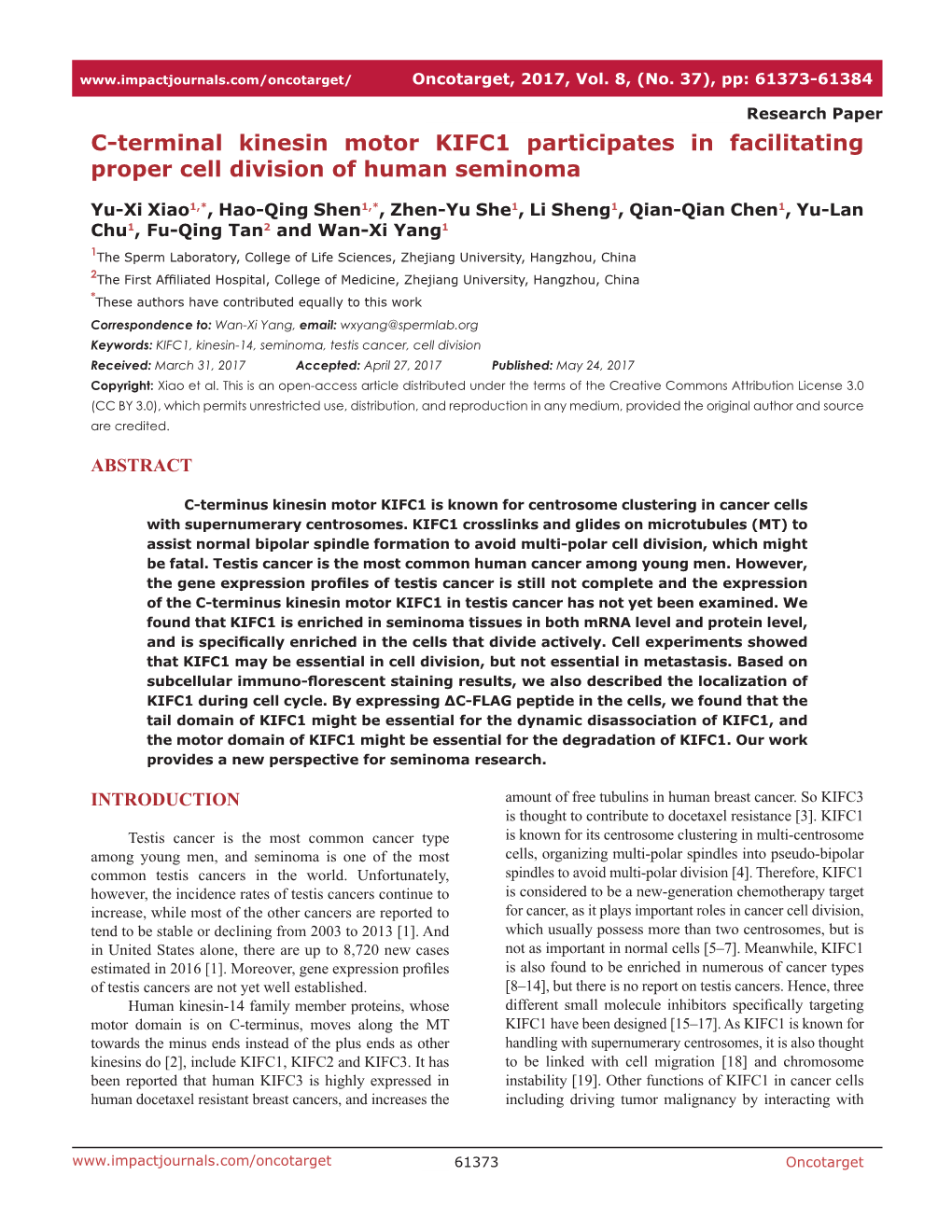 C-Terminal Kinesin Motor KIFC1 Participates in Facilitating Proper Cell Division of Human Seminoma