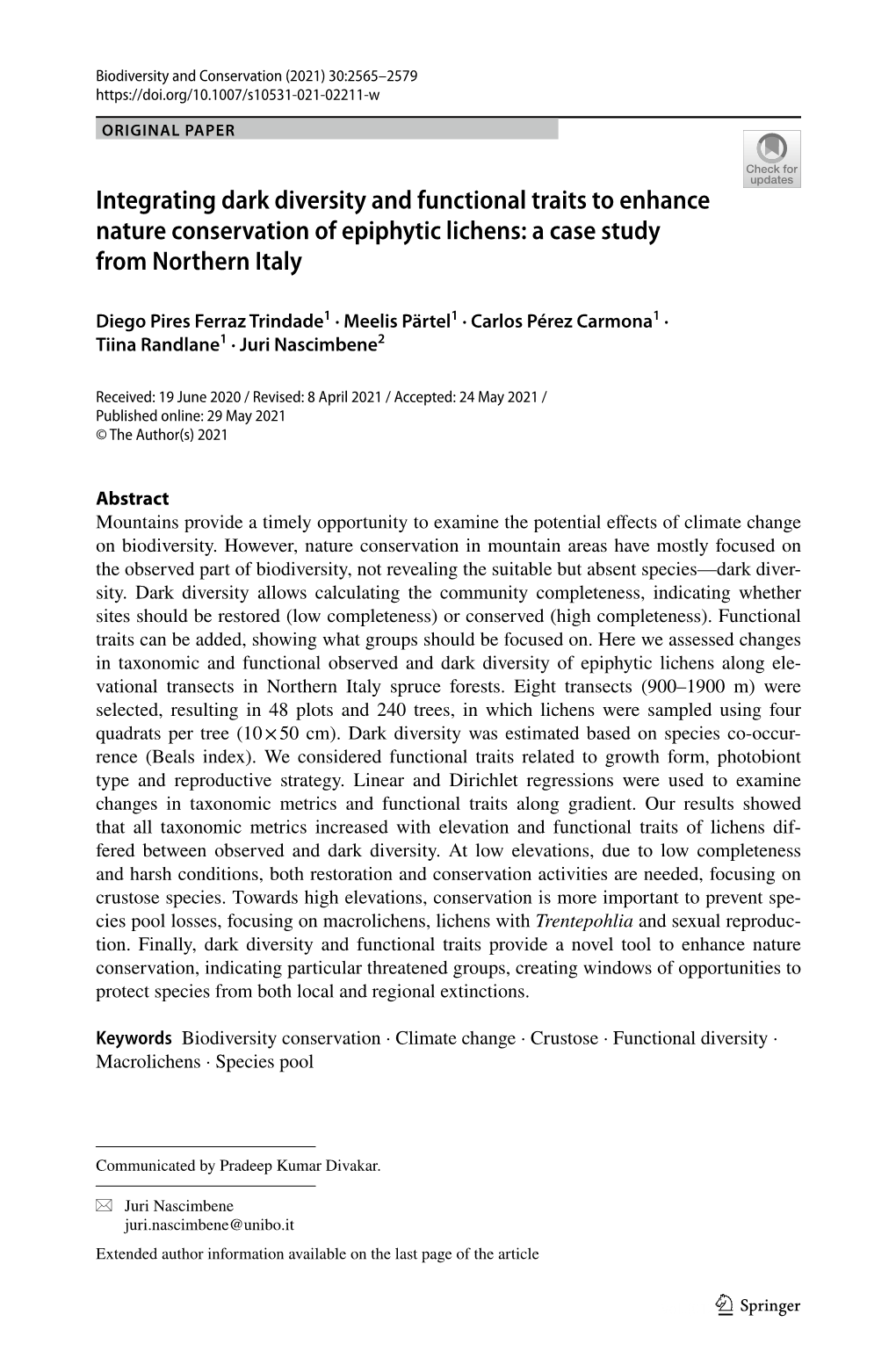 Integrating Dark Diversity and Functional Traits to Enhance Nature Conservation of Epiphytic Lichens: a Case Study from Northern Italy