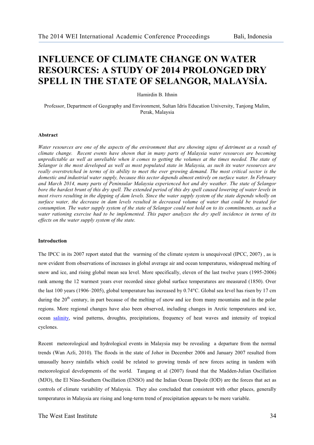 Influence of Climate Change on Water Resources: a Study of 2014 Prolonged Dry Spell in the State of Selangor, Malaysia