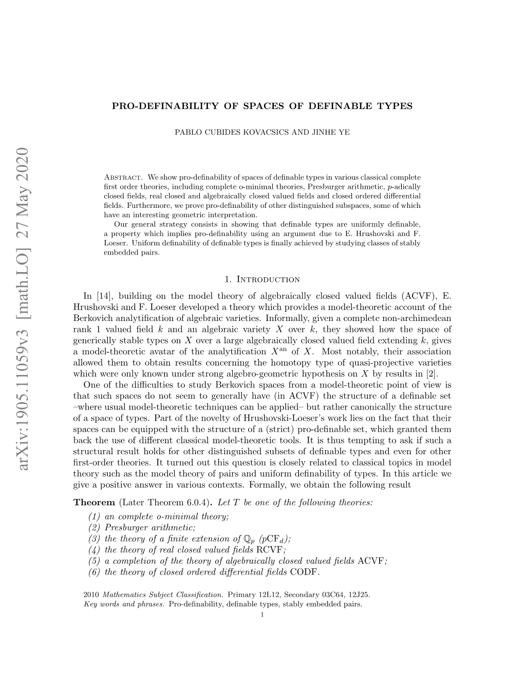 PRO-DEFINABILITY of SPACES of DEFINABLE TYPES 11 Where P,Q ∈ L[X] with X = (X1,...,Xm)
