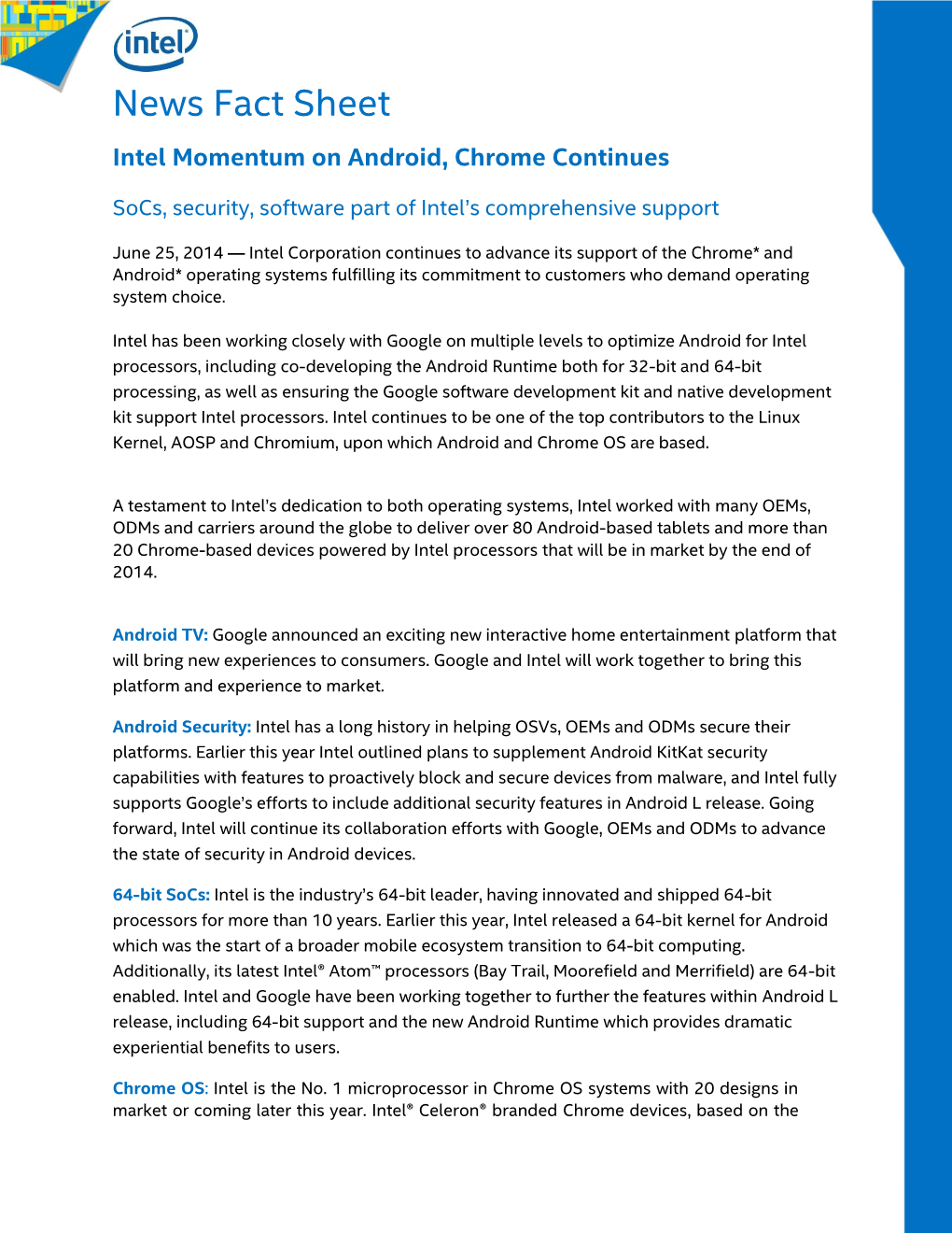 Fact Sheet: Intel Momentum on Android, Chrome Continues