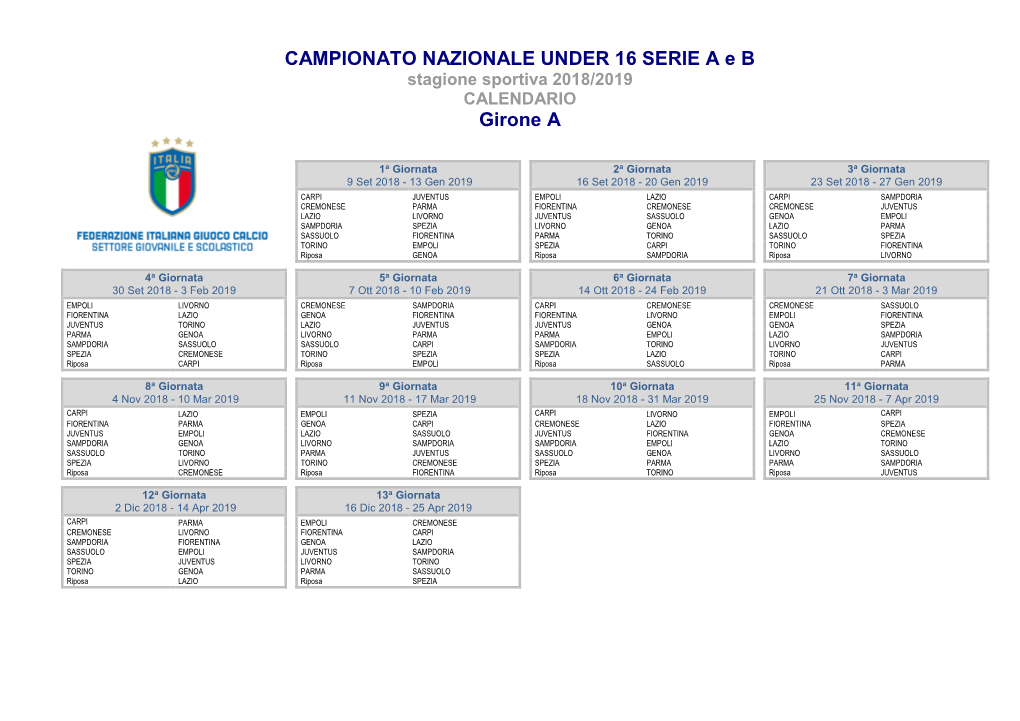 CAMPIONATO NAZIONALE UNDER 16 SERIE a E B Girone A