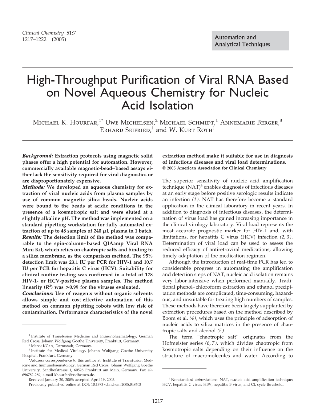 High-Throughput Purification of Viral RNA Based on Novel Aqueous Chemistry for Nucleic Acid Isolation