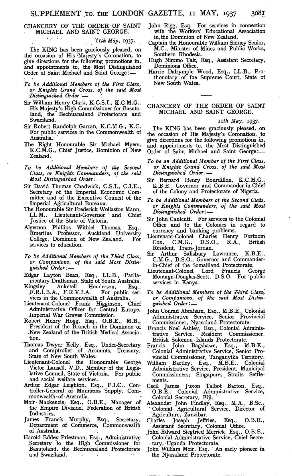 SUPPLEMENT TCX the LONDON GAZETTE, N MAY, 1937 3081 CHANCERY of the ORDER of SAINT John Rigg, Esq