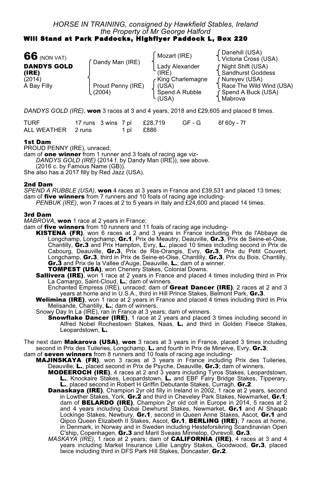 HORSE in TRAINING, Consigned by Hawkfield Stables, Ireland the Property of Mr George Halford Will Stand at Park Paddocks, Highflyer Paddock L, Box 220