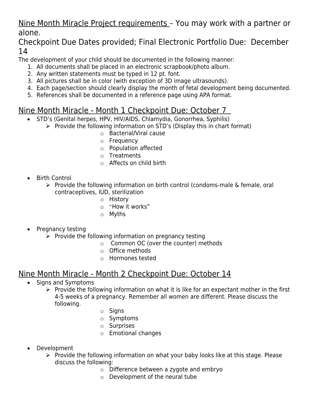 Nine Month Miracle Project Requirements