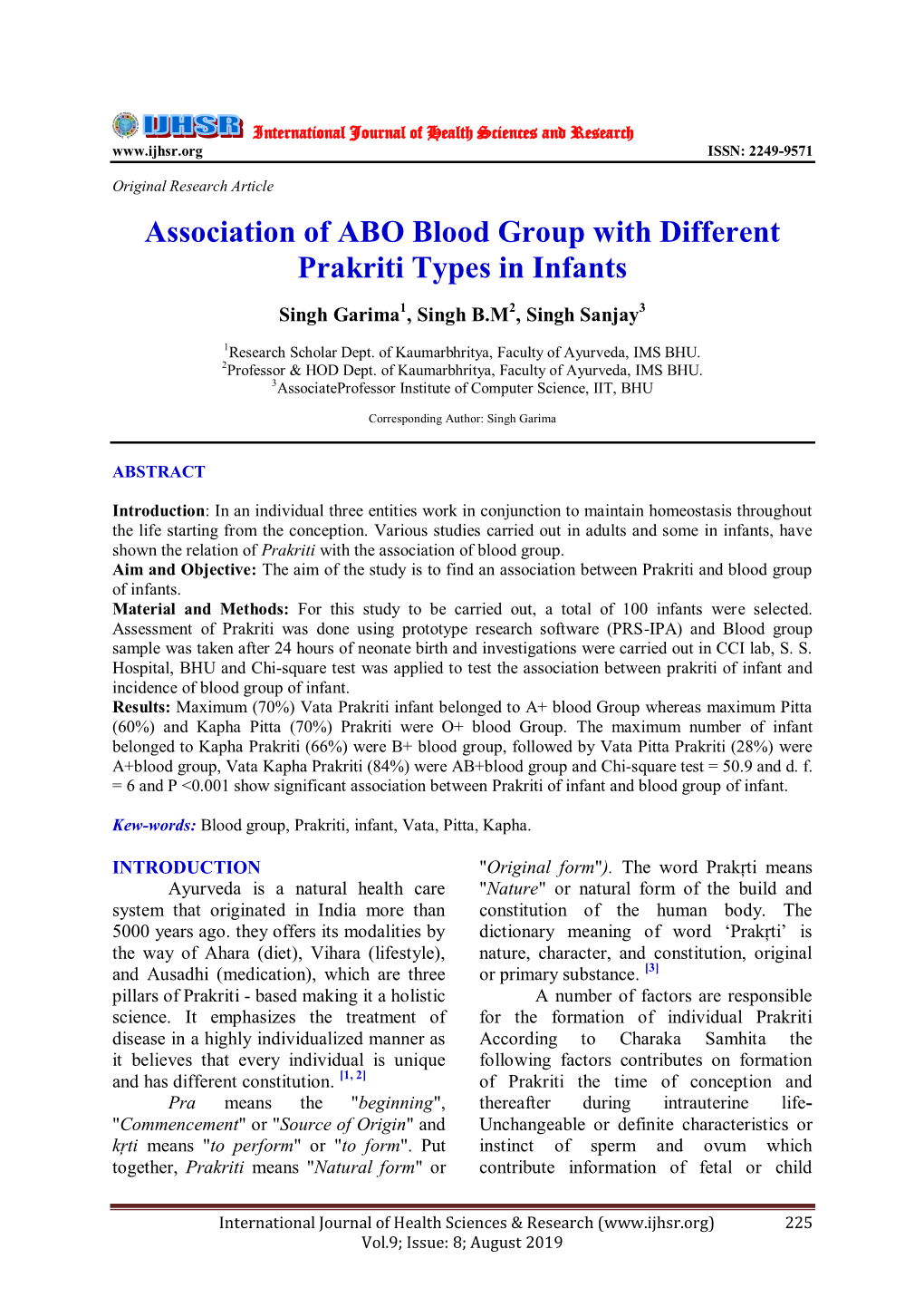 Association of ABO Blood Group with Different Prakriti Types in Infants