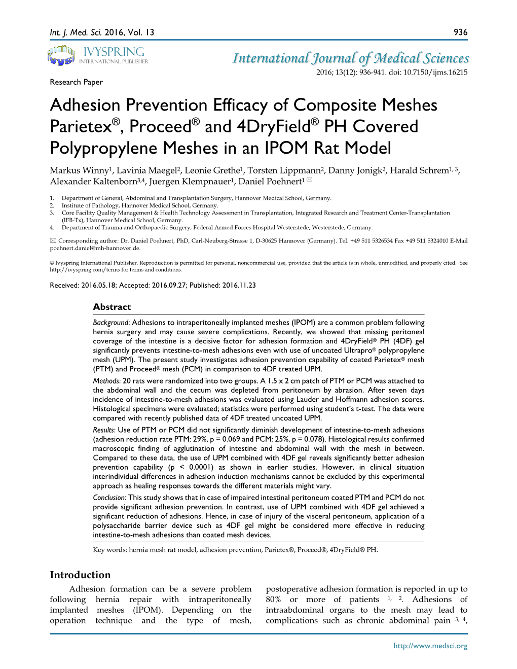 Adhesion Prevention Efficacy of Composite Meshes Parietex