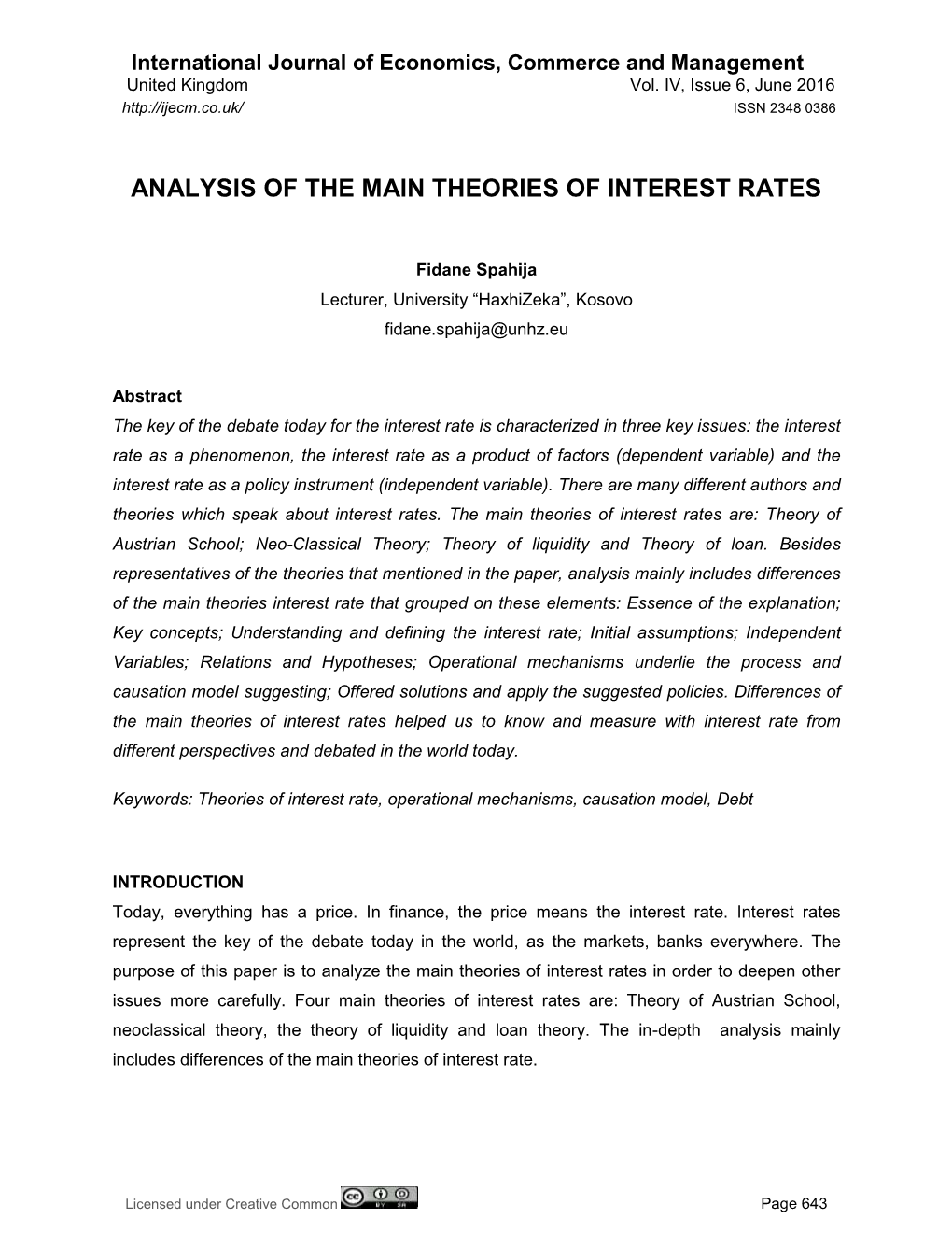 Analysis of the Main Theories of Interest Rates