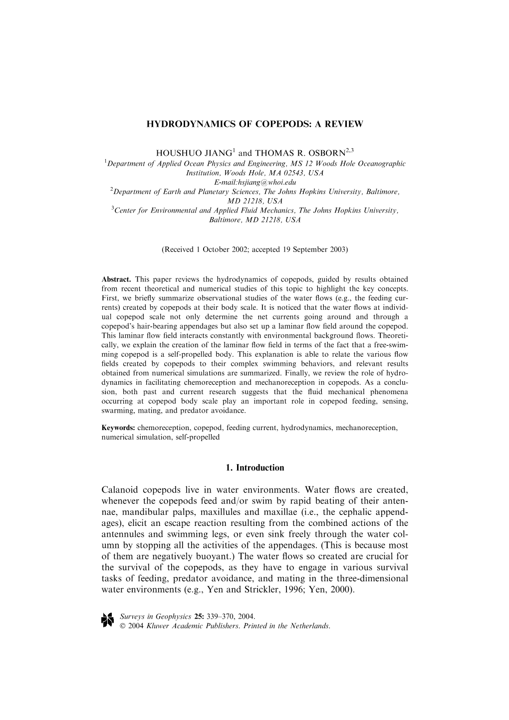 Hydrodynamics of Copepods: a Review