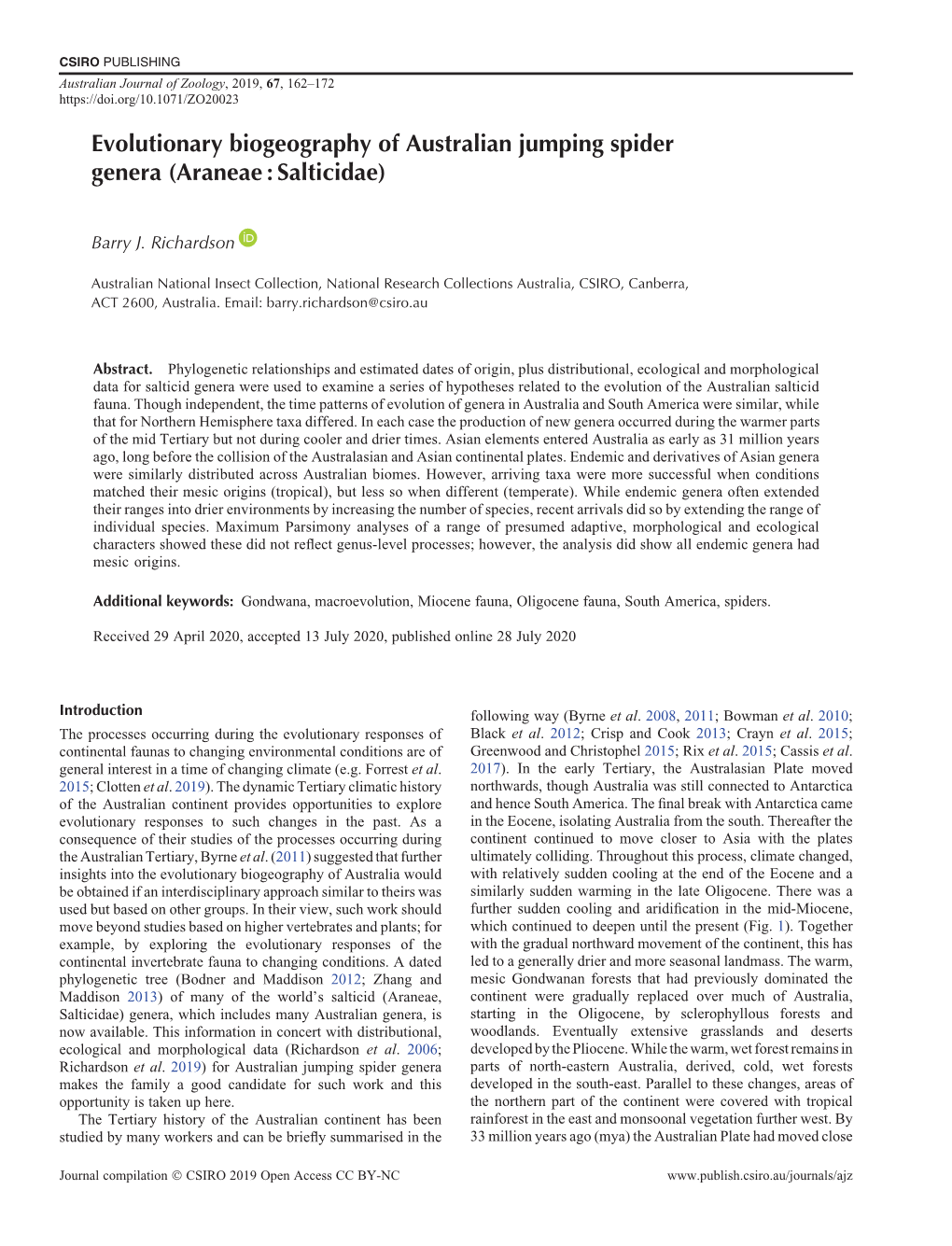 Evolutionary Biogeography of Australian Jumping Spider Genera (Araneae : Salticidae)