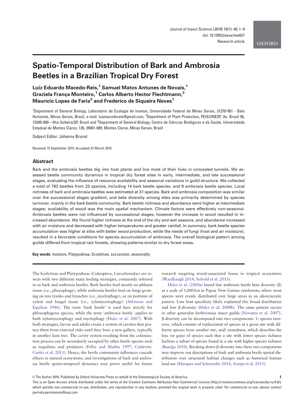 Spatio-Temporal Distribution of Bark and Ambrosia Beetles in a Brazilian Tropical Dry Forest