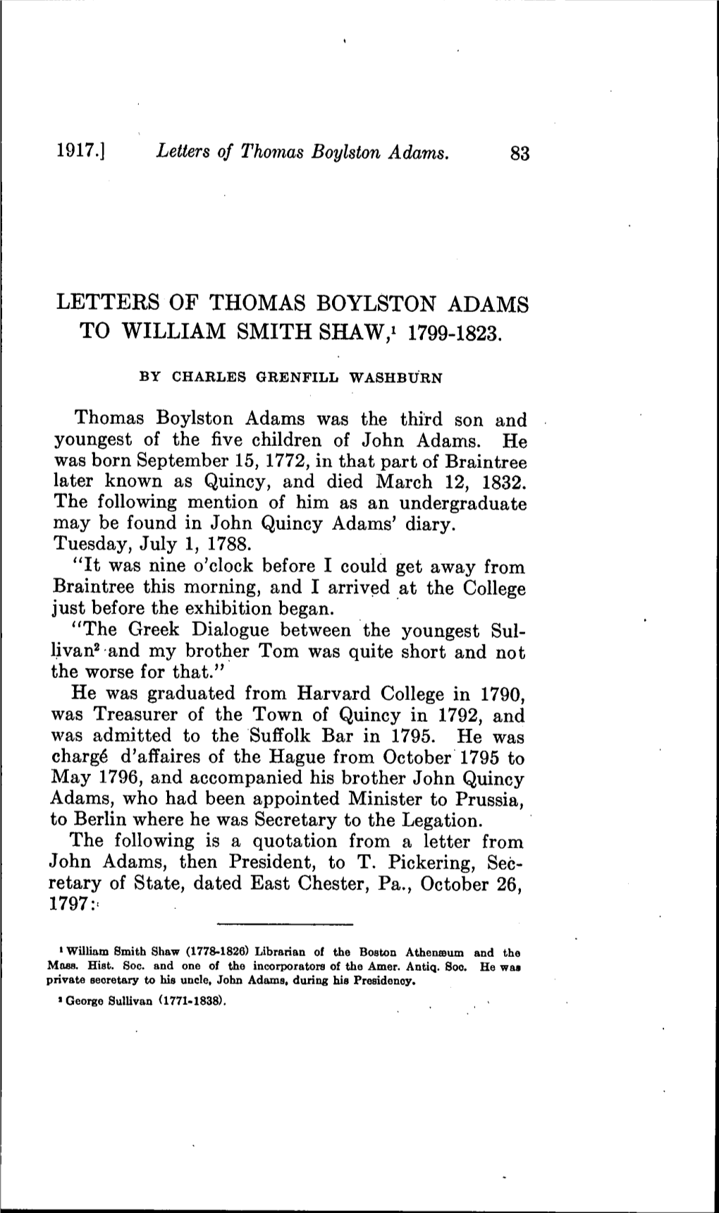 LETTERS of THOMAS BOYLSTON ADAMS to WILLIAM SMITH SHAW,I 1799-1823