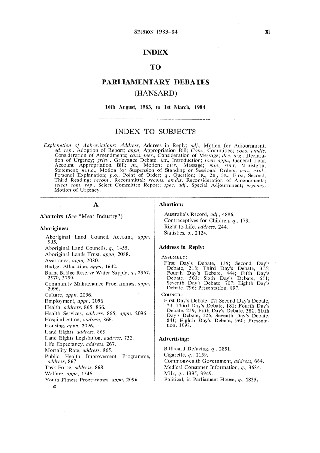 Index to Parliamentary Debates (Hansard)
