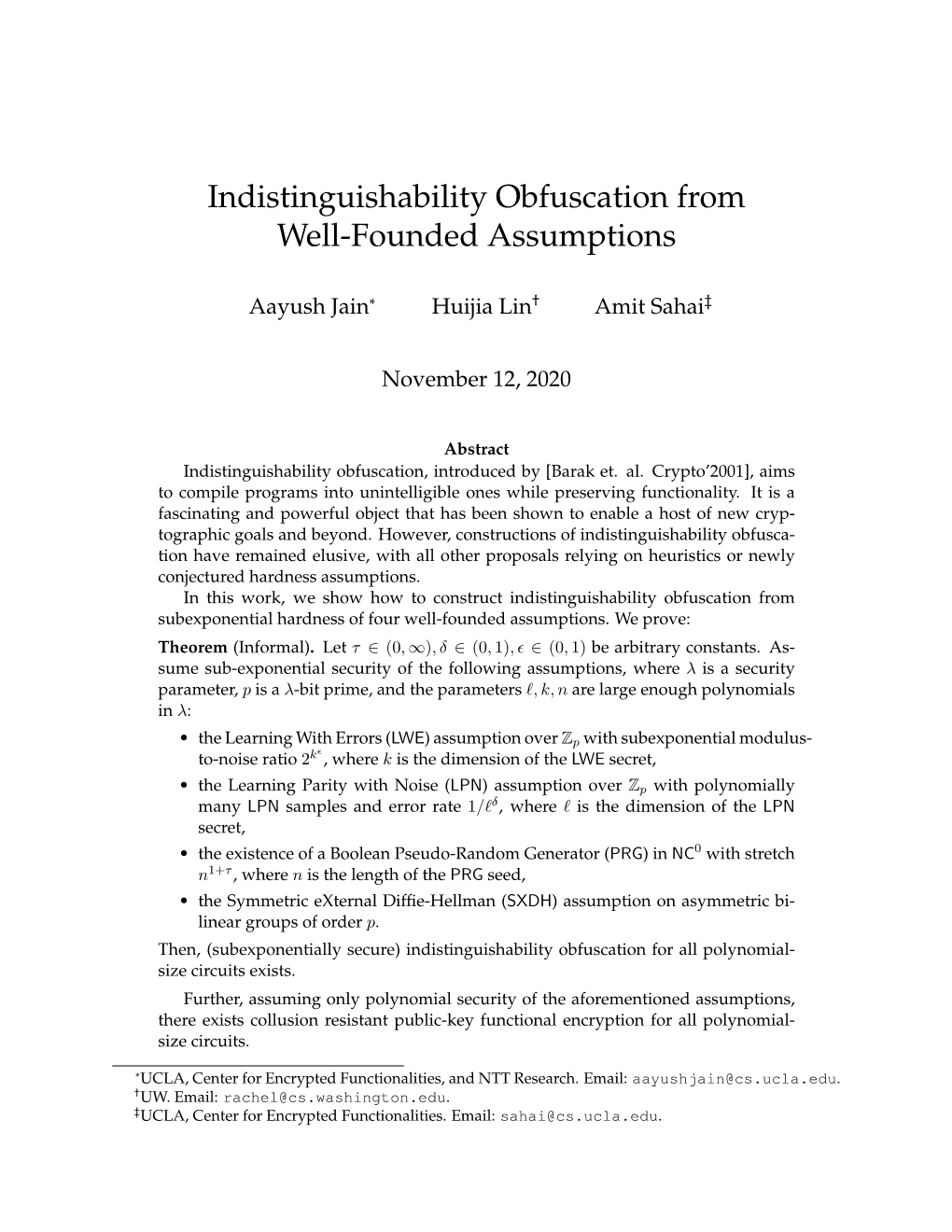 Indistinguishability Obfuscation from Well-Founded Assumptions