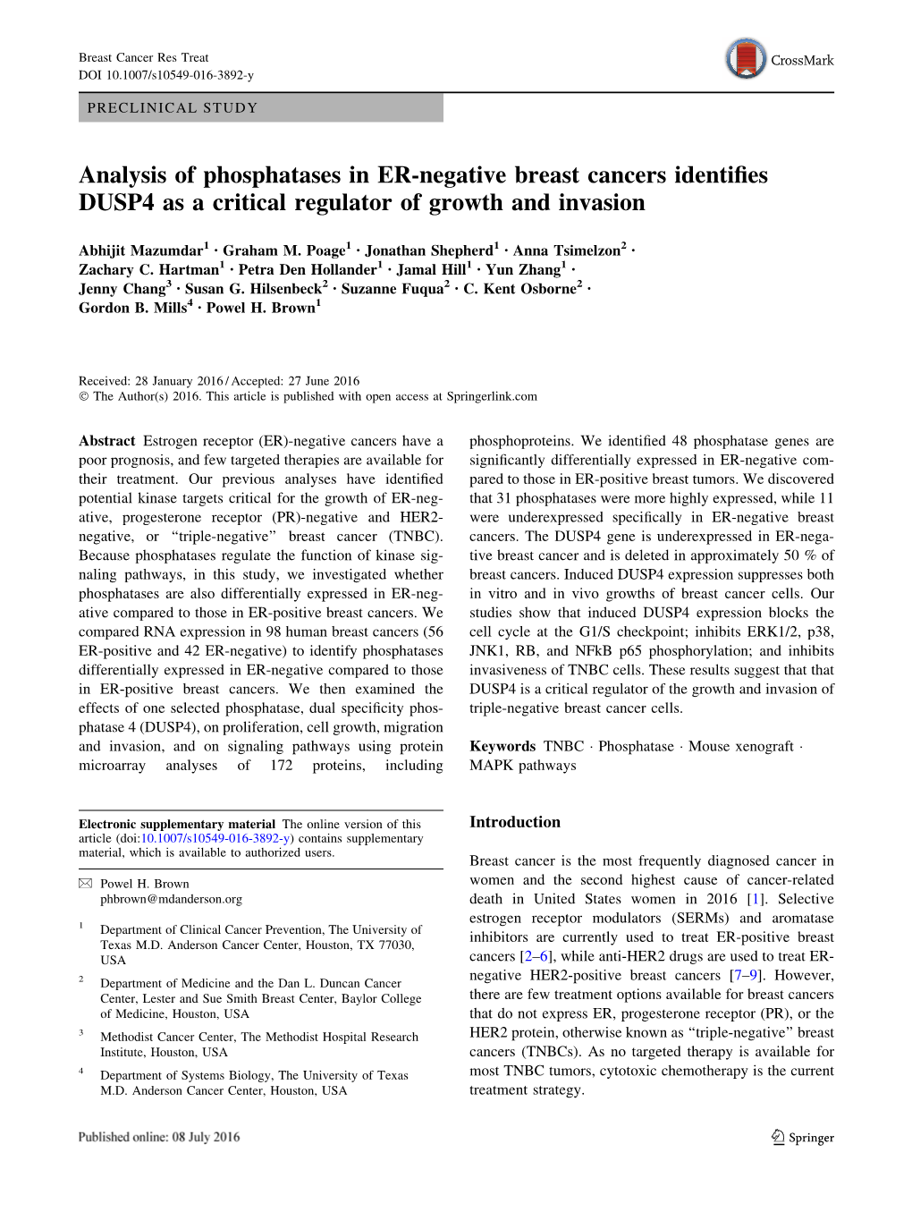 Analysis of Phosphatases in ER-Negative Breast Cancers Identiﬁes DUSP4 As a Critical Regulator of Growth and Invasion