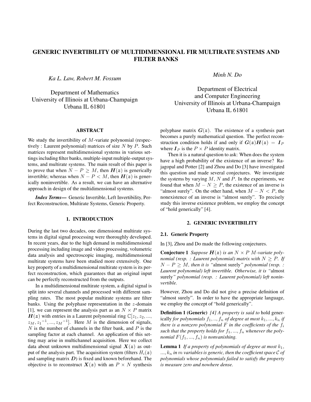 Generic Invertibility of Multidimensional Fir Multirate Systems and Filter Banks