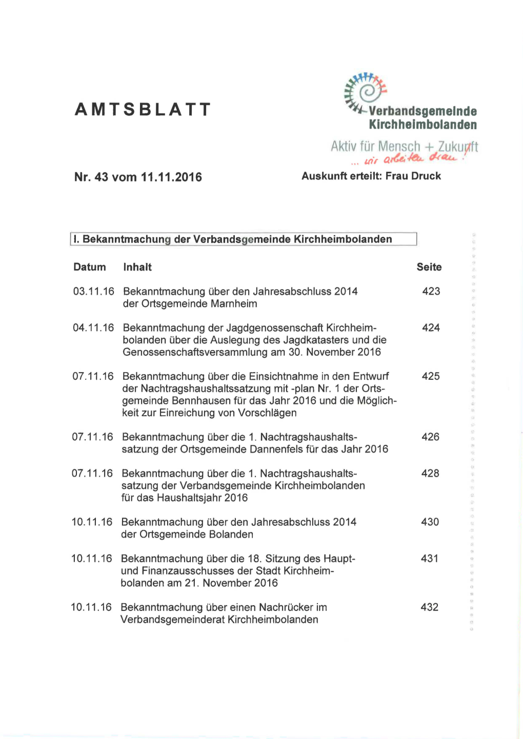 AMTSBLATT Verbandsgemeinde Kirchheimbolanden Aktiv Für Mensch + Zuku~ T