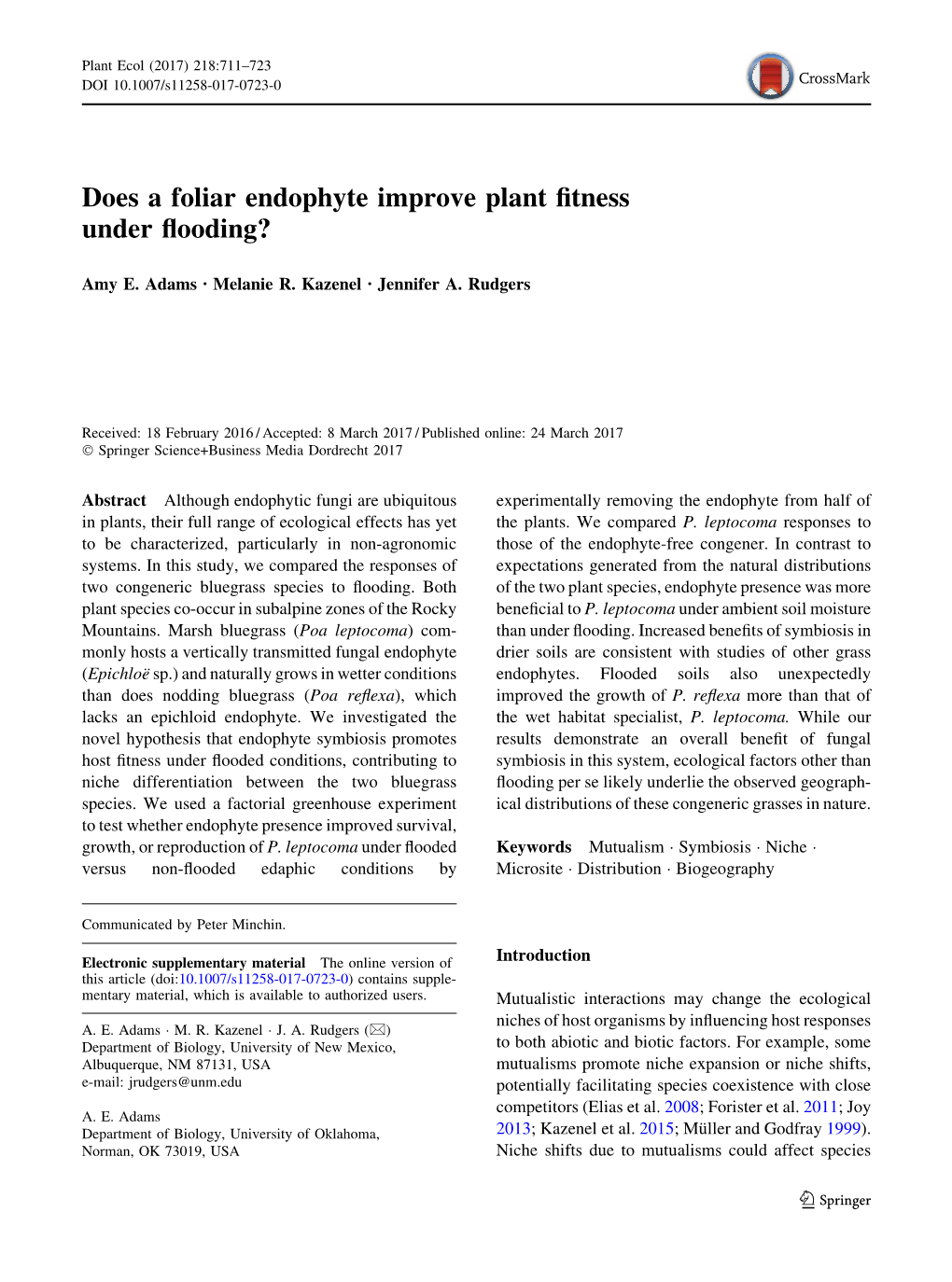 Does a Foliar Endophyte Improve Plant Fitness Under Flooding?