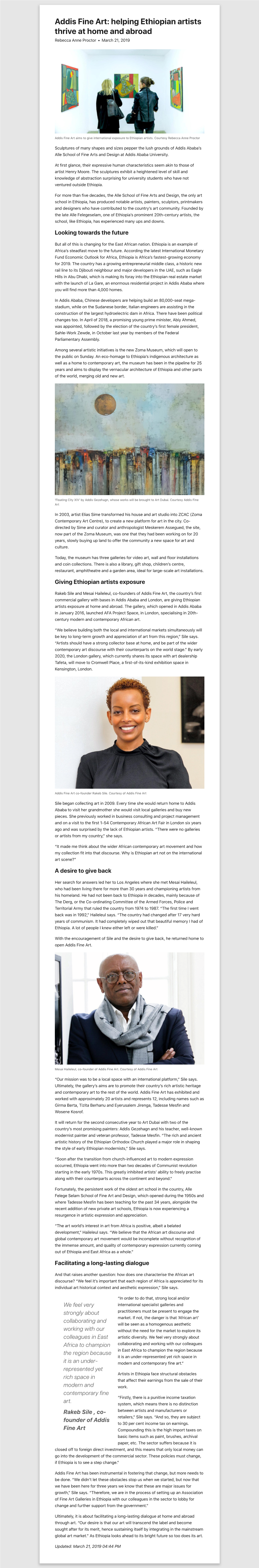 Helping Ethiopian Artists Thrive at Home and Abroad Rebecca Anne Proctor • March 21, 2019