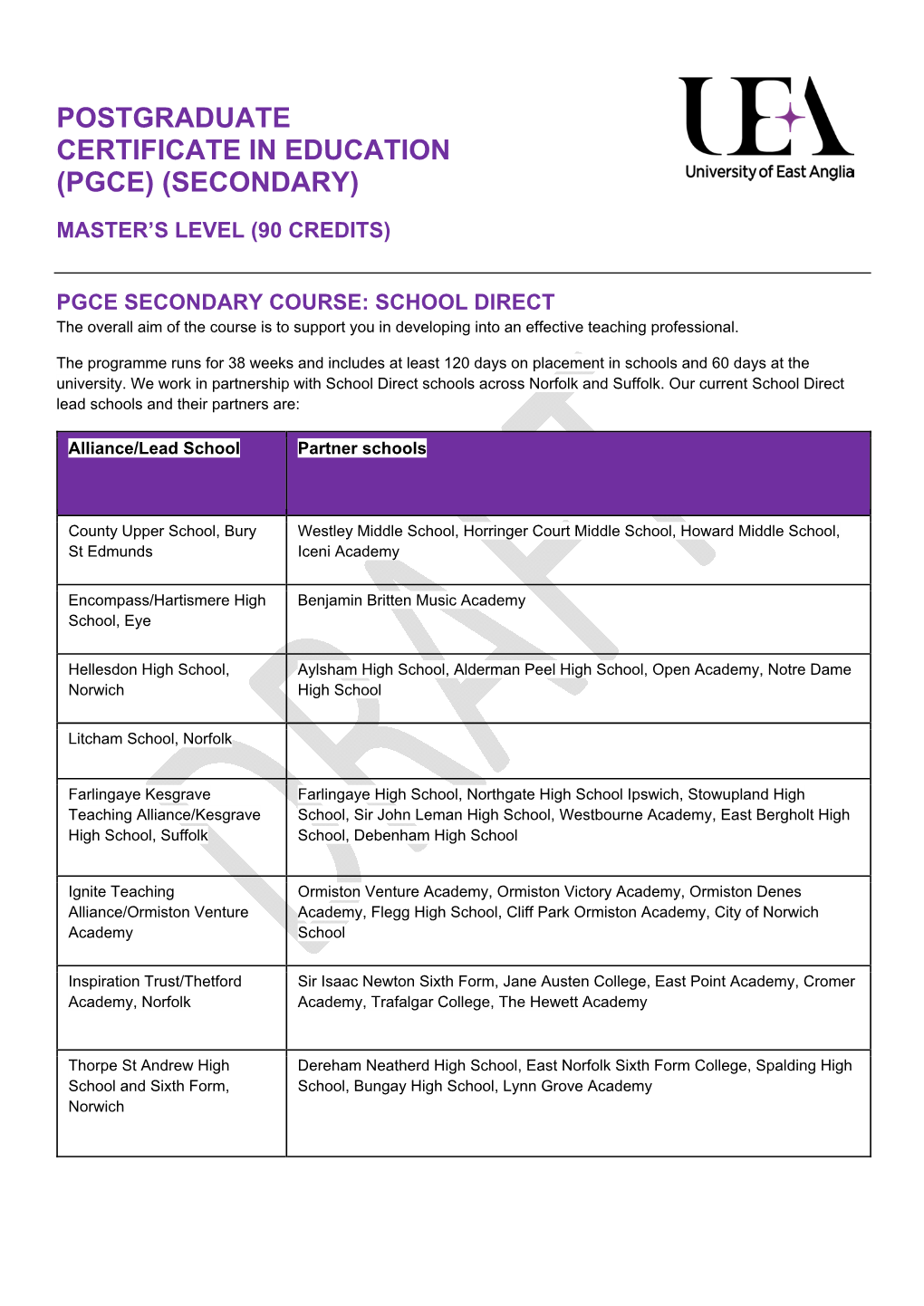 Postgraduate Certificate in Education (Pgce) (Secondary)