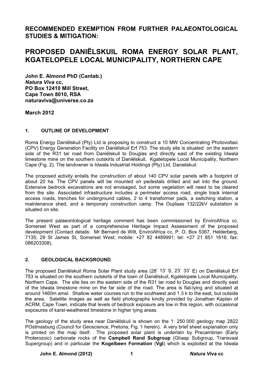 Proposed Daniëlskuil Roma Energy Solar Plant, Kgatelopele Local Municipality, Northern Cape