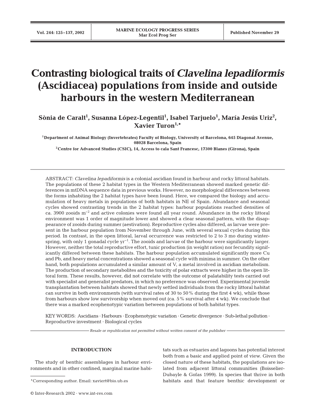 Contrasting Biological Traits of Clavelina Lepadiformis (Ascidiacea) Populations from Inside and Outside Harbours in the Western Mediterranean