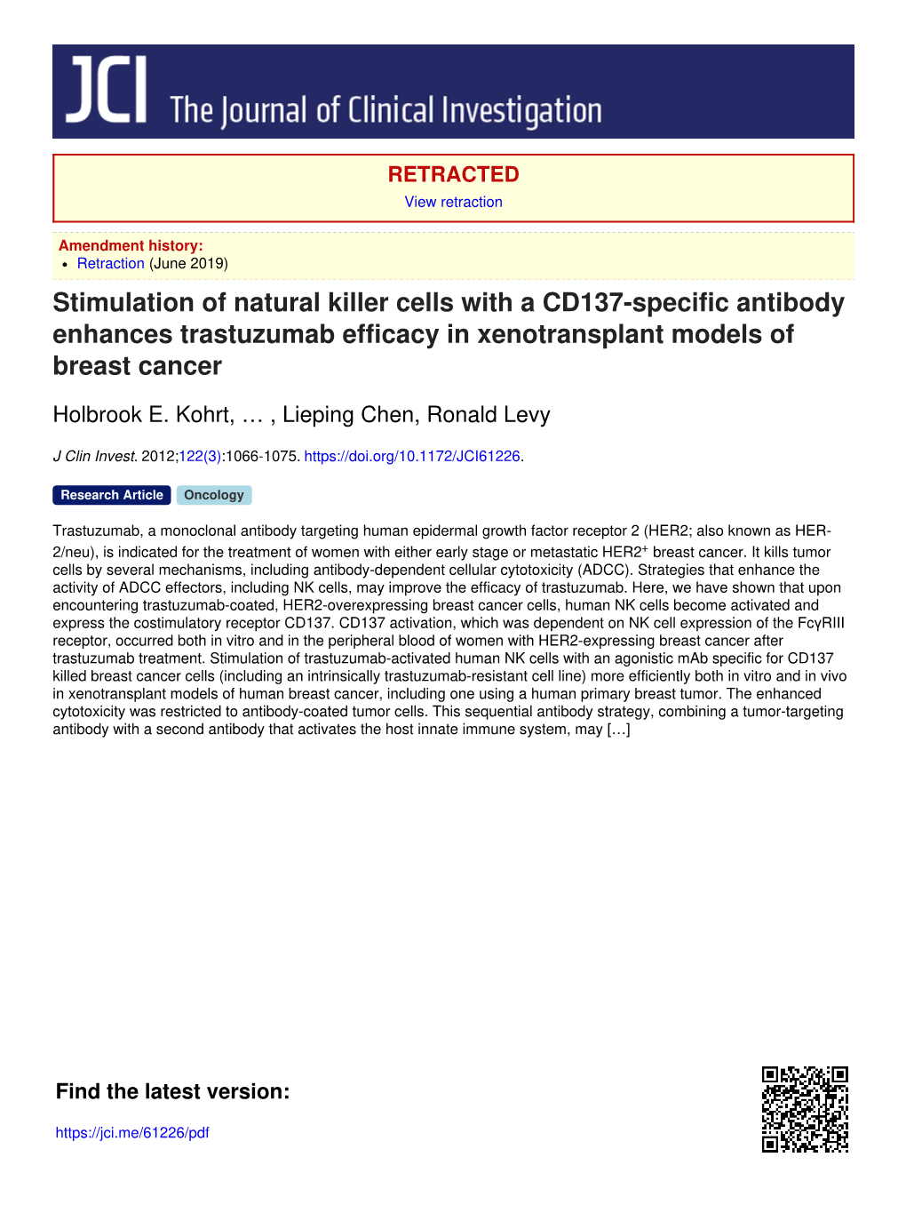 Stimulation of Natural Killer Cells with a CD137-Specific Antibody Enhances Trastuzumab Efficacy in Xenotransplant Models of Breast Cancer