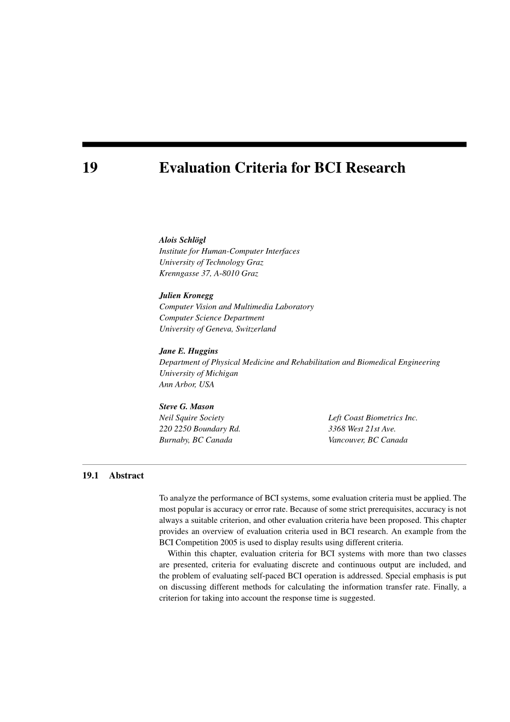 19 Evaluation Criteria for BCI Research