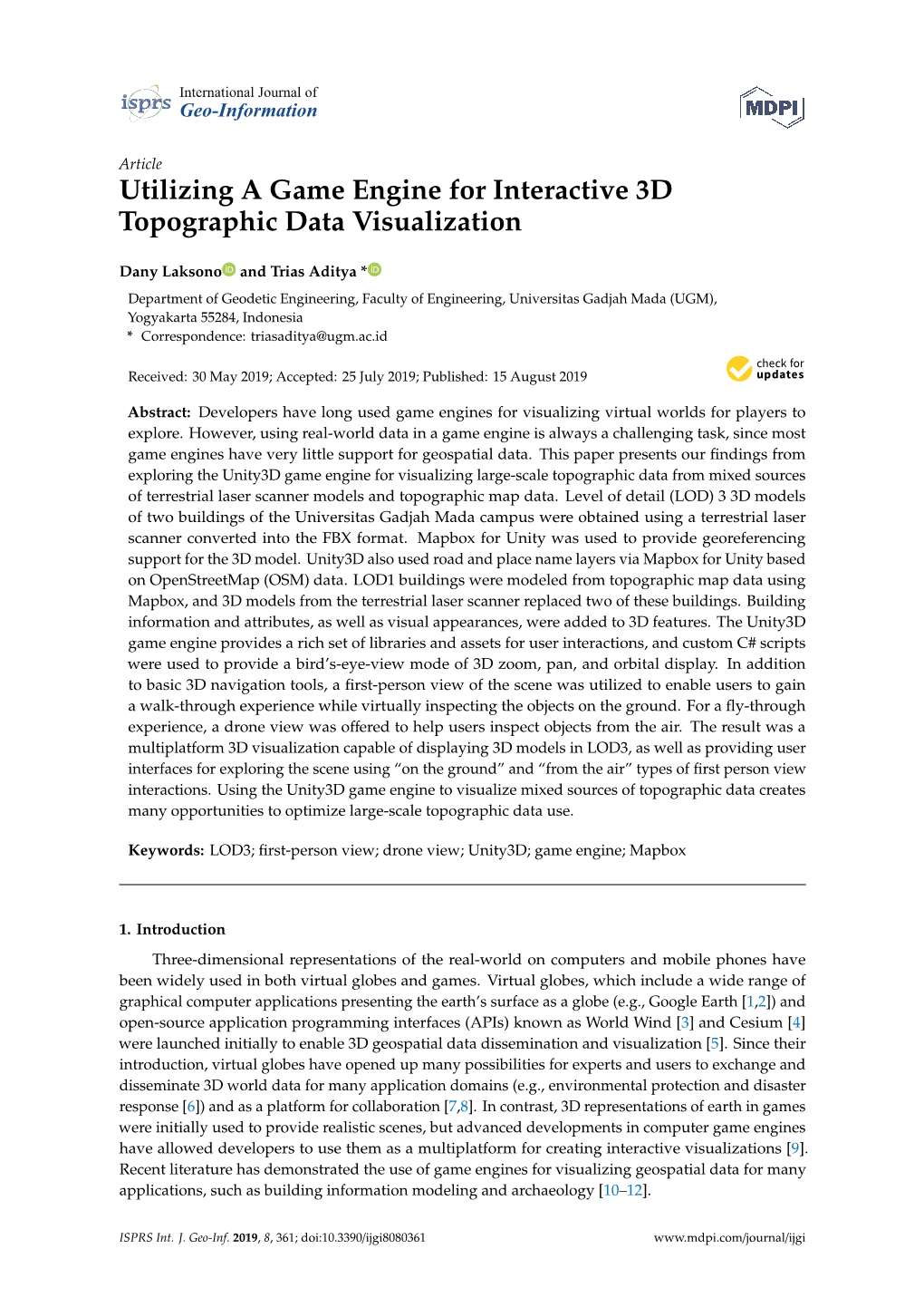 Utilizing a Game Engine for Interactive 3D Topographic Data Visualization