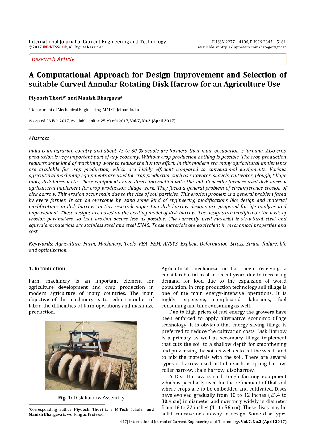 A Computational Approach for Design Improvement and Selection of Suitable Curved Annular Rotating Disk Harrow for an Agriculture Use